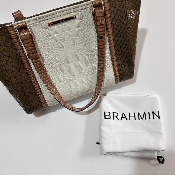 Brahmin White Brown Croc Embossed Leather Tote Bag with Dust Bag OS - Picture 12 of 12